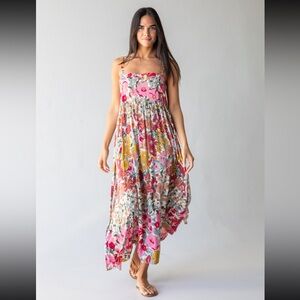 NWOT: Natural Life Patti Boho Colorful Floral Side Slit Maxi Dress• Medium